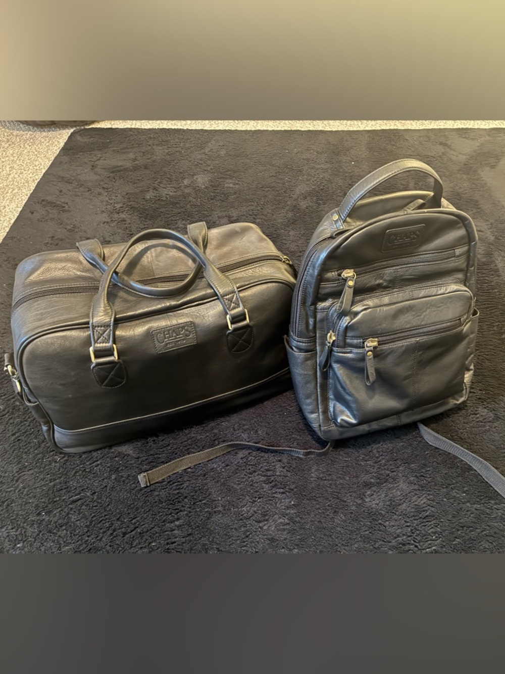 Chaps Black Leather Travel Backpack and Carry Bag Set
